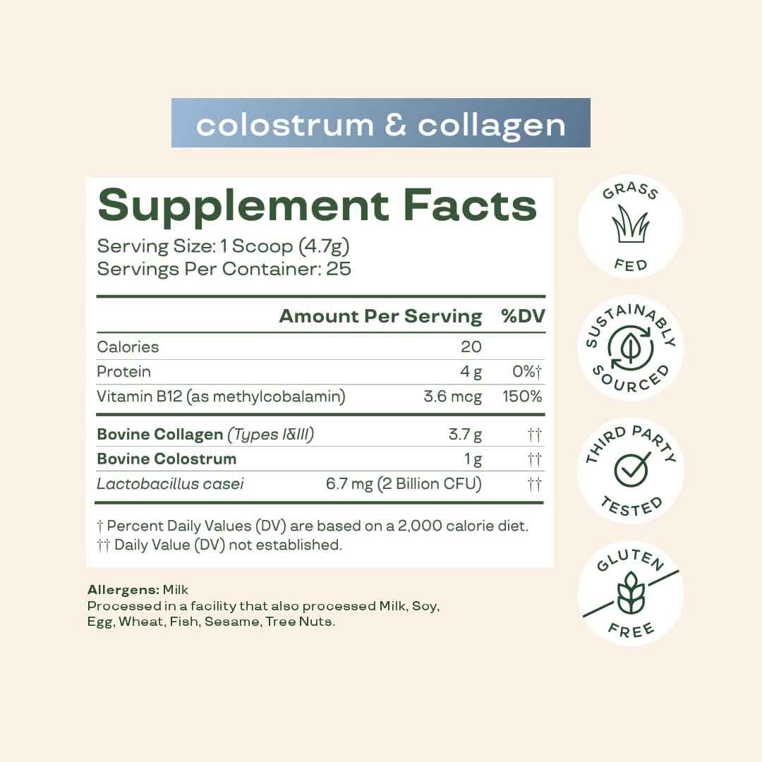 Bloom Nutrition Bovine Colostrum Powder with Vitamin B-12 for Gut Health, Immune Support, Hair Growth & Beauty Supplement