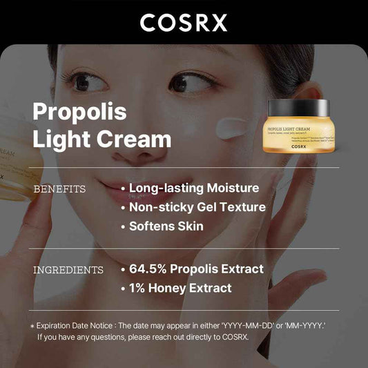 COSRX Full Fit Propolis Light Cream, 2.19 Fl.oz / 65ml, Propolis 64.5%, Hydrating Daily Day and Night Moisturiser, Korean Skin Care, Not Tested on Animals
