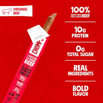 Chomps Grass-Fed and Finished Jerky Snack Sticks 24-Pack, Keto, Paleo, Whole30, 10g Protein, Gluten-Free