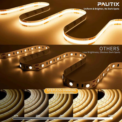 PAUTIX 5V USB COB LED Strip Light – Clean Dotless Under Cabinet Light for Uncluttered Kitchens