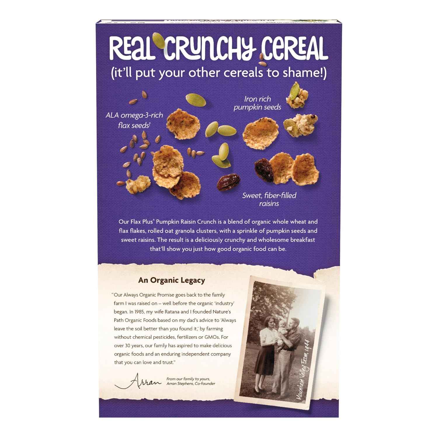 Nature's Path Organic Flax Plus Pumpkin Raisin Crunch Cereal – Simple Organic Cereal for Clutter Free Kitchens, Clean Ingredient Plant Based Bowl