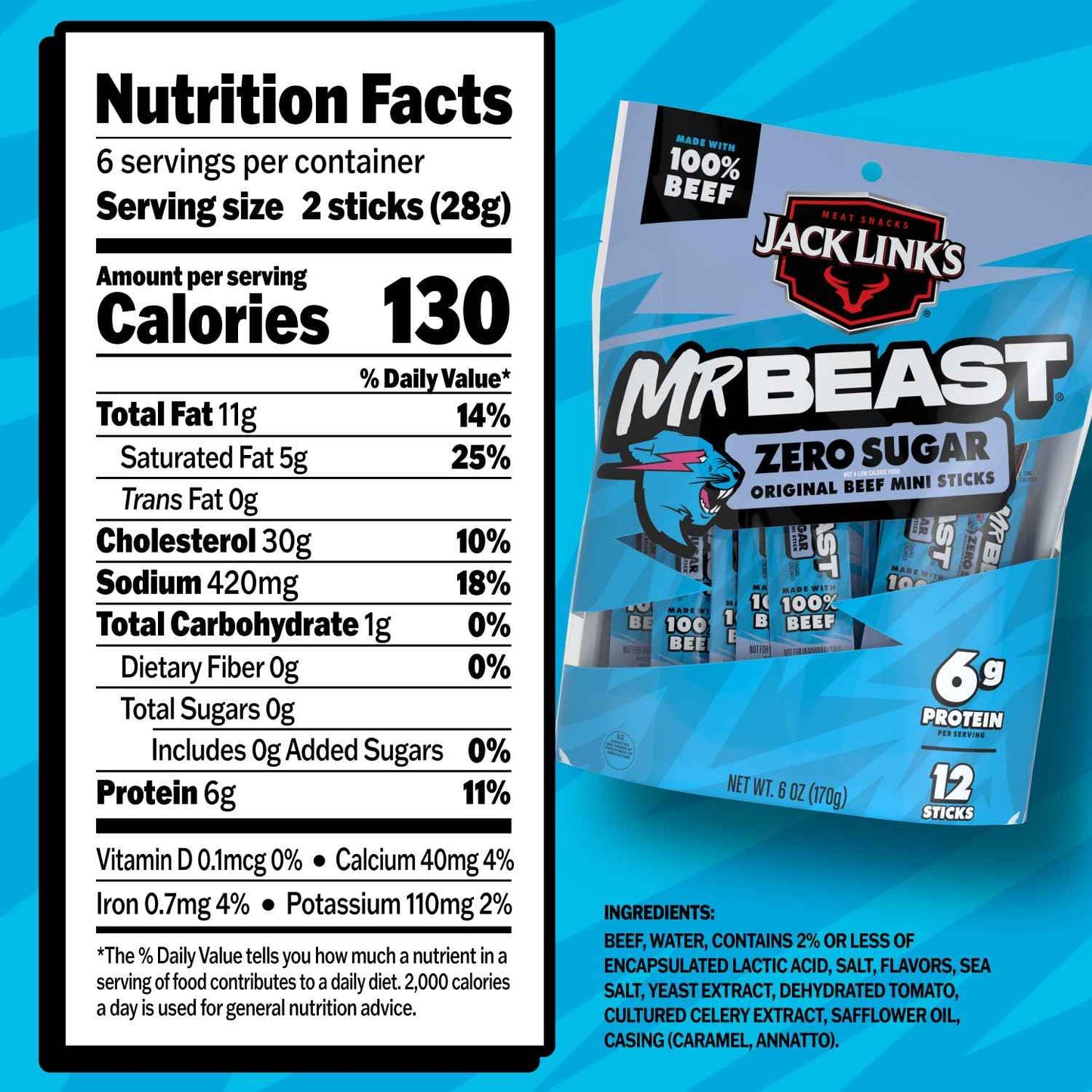 Jack Link's x MrBeast Zero Sugar Mini Beef Sticks – 6g Protein School Lunchbox Snack for Kids, 12 Individually Wrapped Sticks