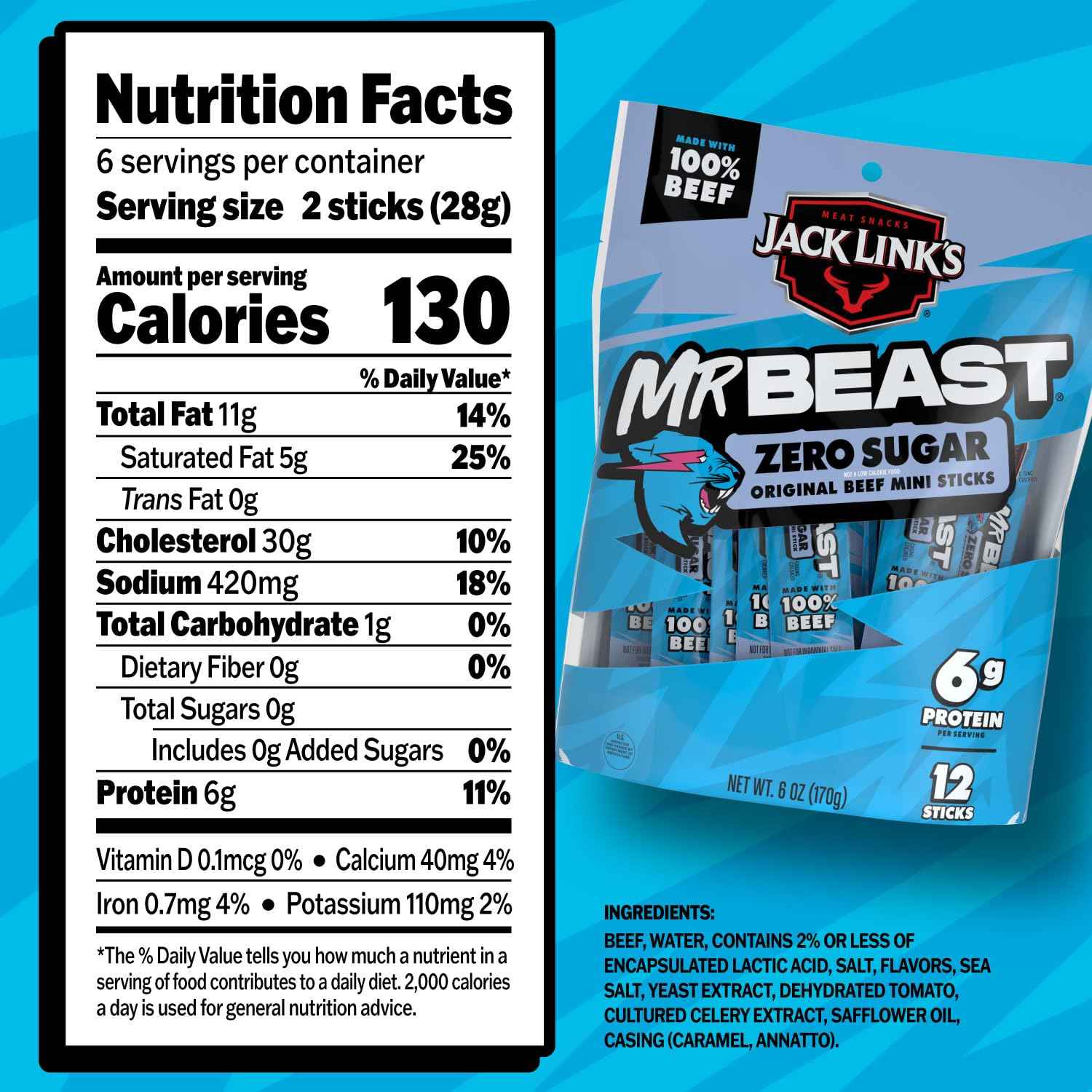 Jack Link's x MrBeast Zero Sugar Mini Beef Sticks – 6g Protein School Lunchbox Snack for Kids, 12 Individually Wrapped Sticks