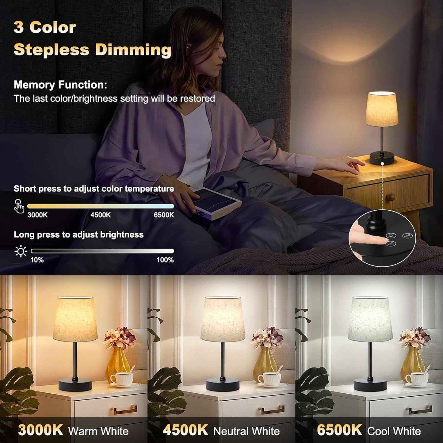 BRIGHTY — Calming Cordless Night Lamp for Bedtime Wind-Down Routine, Warm 3000K Light with Stepless Dimming