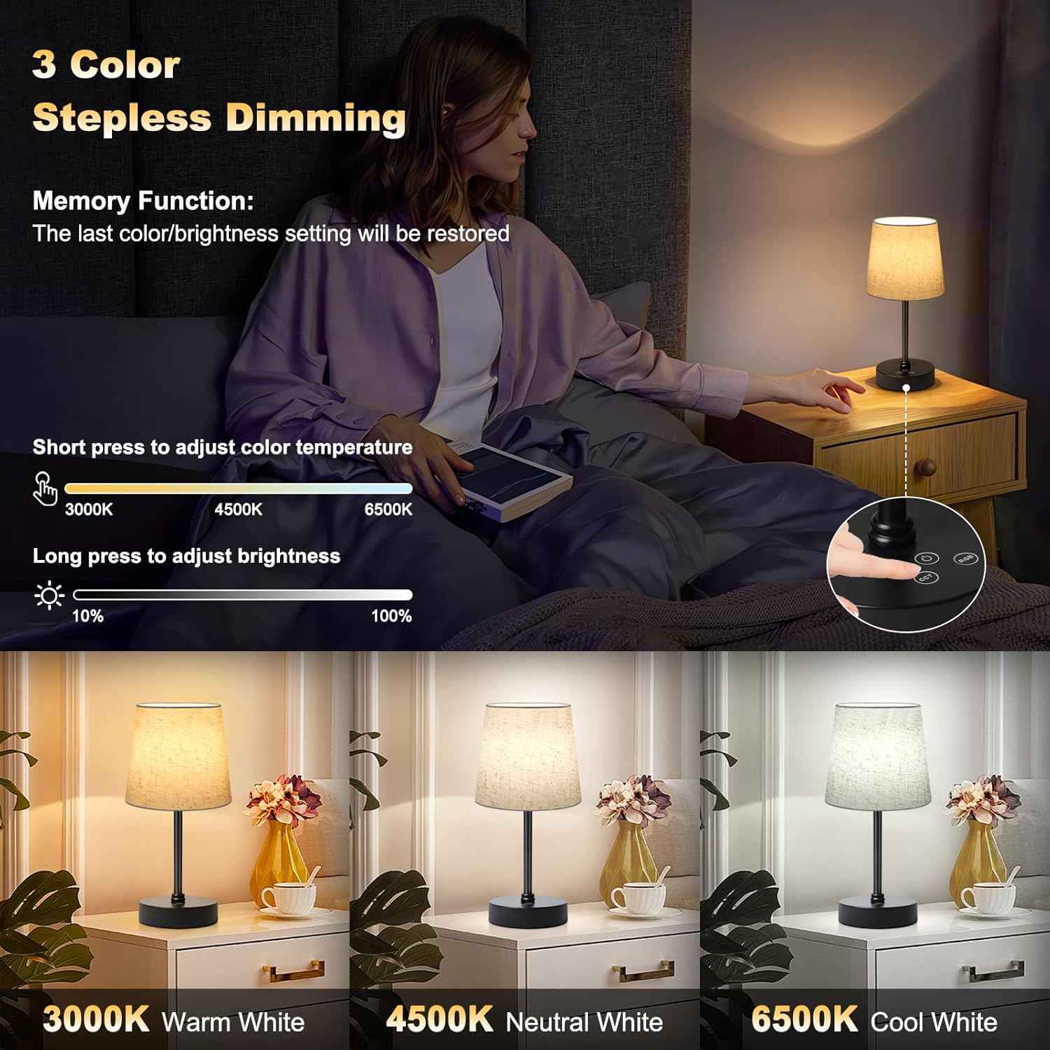 BRIGHTY — Calming Cordless Night Lamp for Bedtime Wind-Down Routine, Warm 3000K Light with Stepless Dimming
