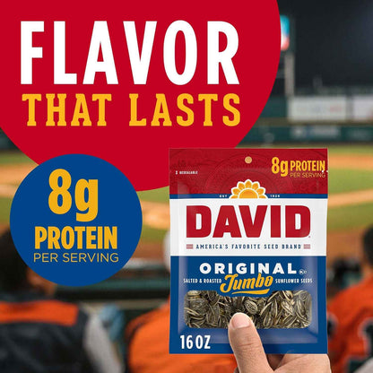 DAVID Jumbo Sunflower Seeds Original 16 oz – Family-Sized Snack for Lunch Boxes and After-School Munching