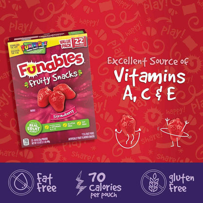 Funables Strawberry Gummy Snacks for Kids Lunchboxes, 22 Individually Wrapped 0.8 oz Pouches