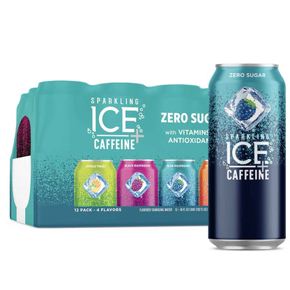 Sparkling Ice Caffeine Black Raspberry Sparkling Water for Clean Caffeine Routines, Antioxidant Sparkling Water with 70mg Caffeine