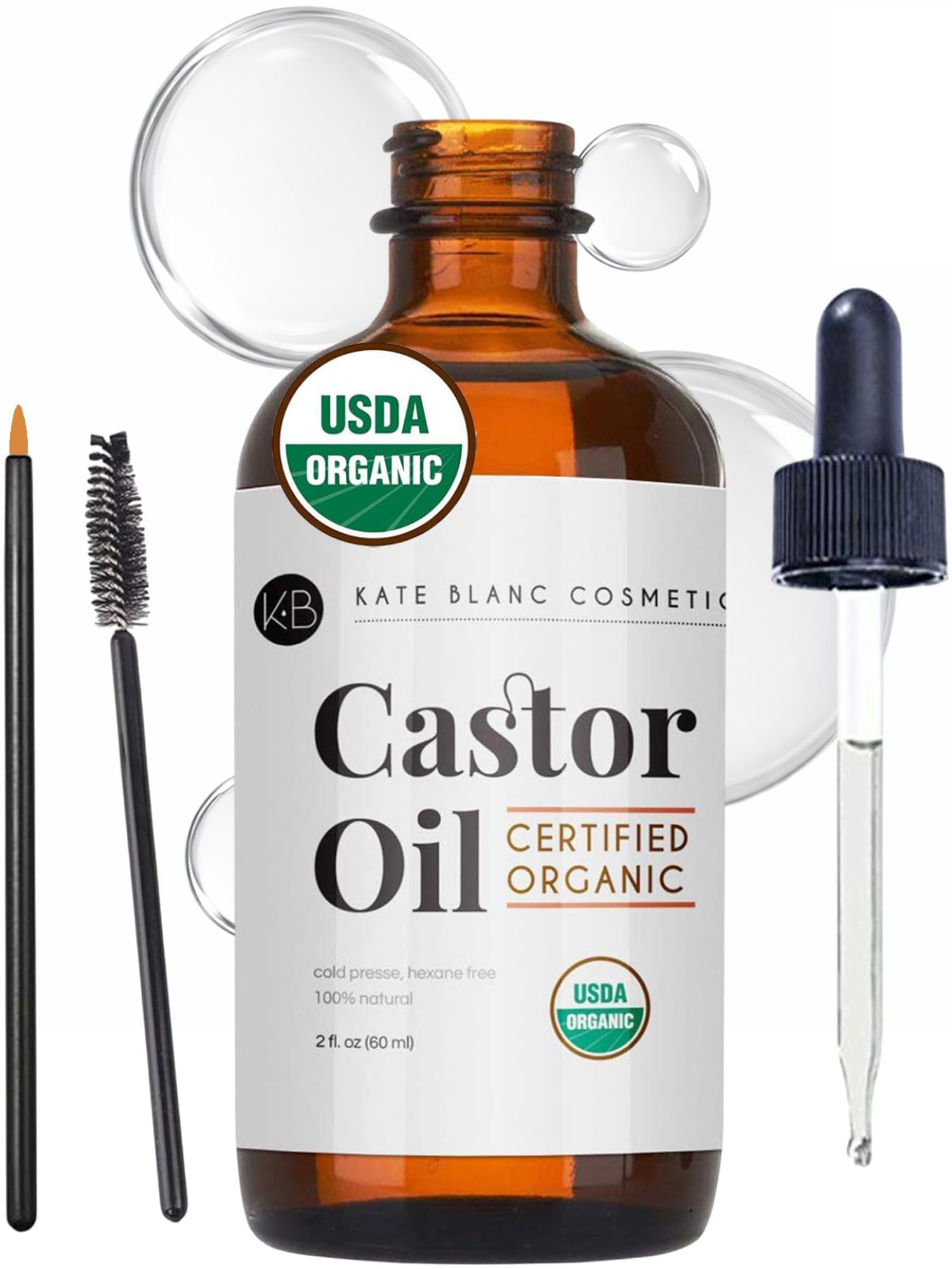 Kate Blanc Cosmetics Castor Oil Organic for Hair, Lashes, Face (2oz), 100% Pure, Cold Pressed, Hexane Free Hair Oil. Lash Serum for Thicker-Looking Eyelashes &amp;amp; Eyebrows