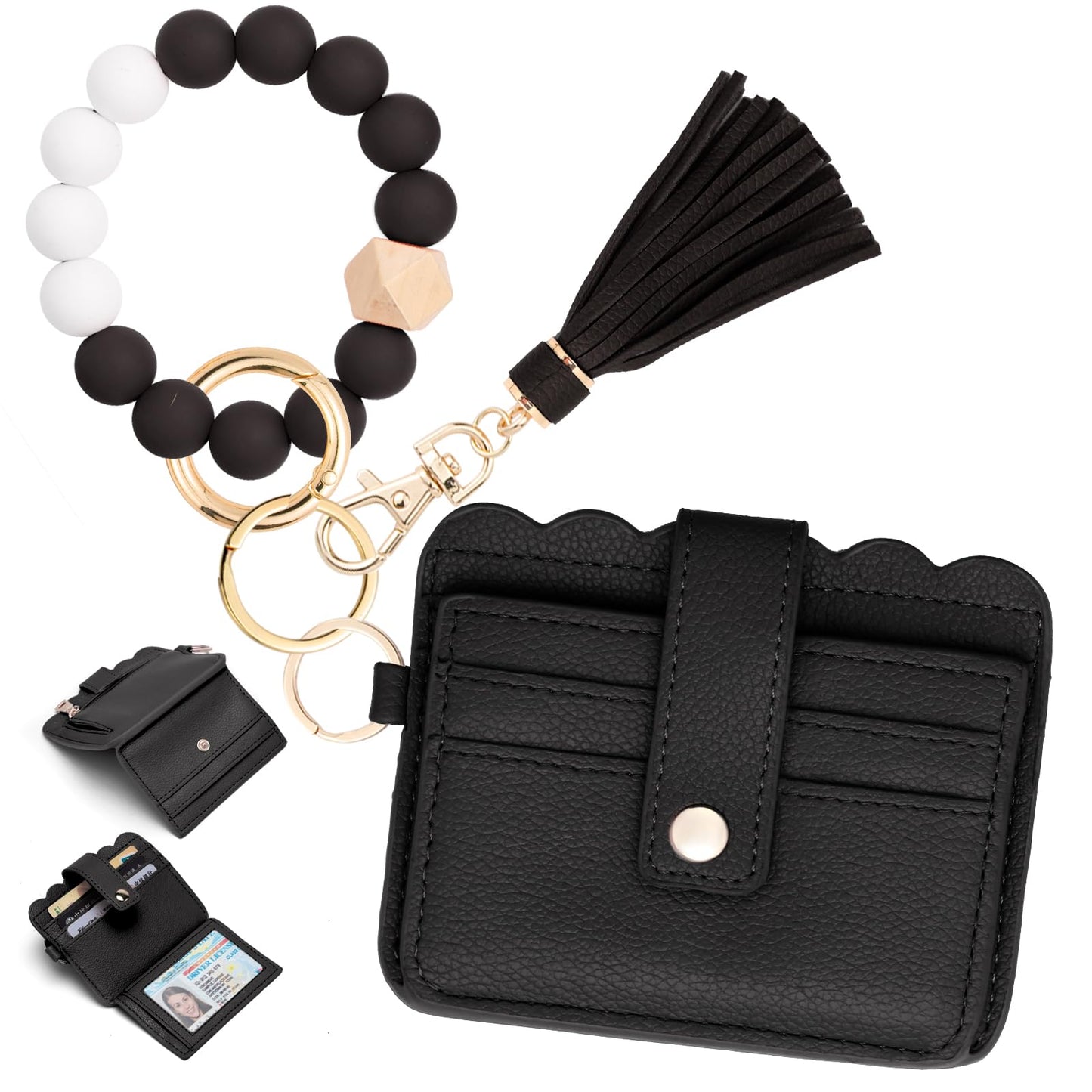 KNGITRYI Wallet Keychain Wristlet for Women,Slim RFID Credit Card Holder Purse Tassel Keychain Bangle Key Ring for Men Women(Bifold-Black)