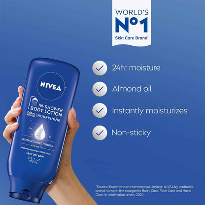 NIVEA Nourishing In Shower Lotion, Water Activated In Shower Moisturizer for Dry to Very Dry Skin, 13.5 FL OZ Bottle