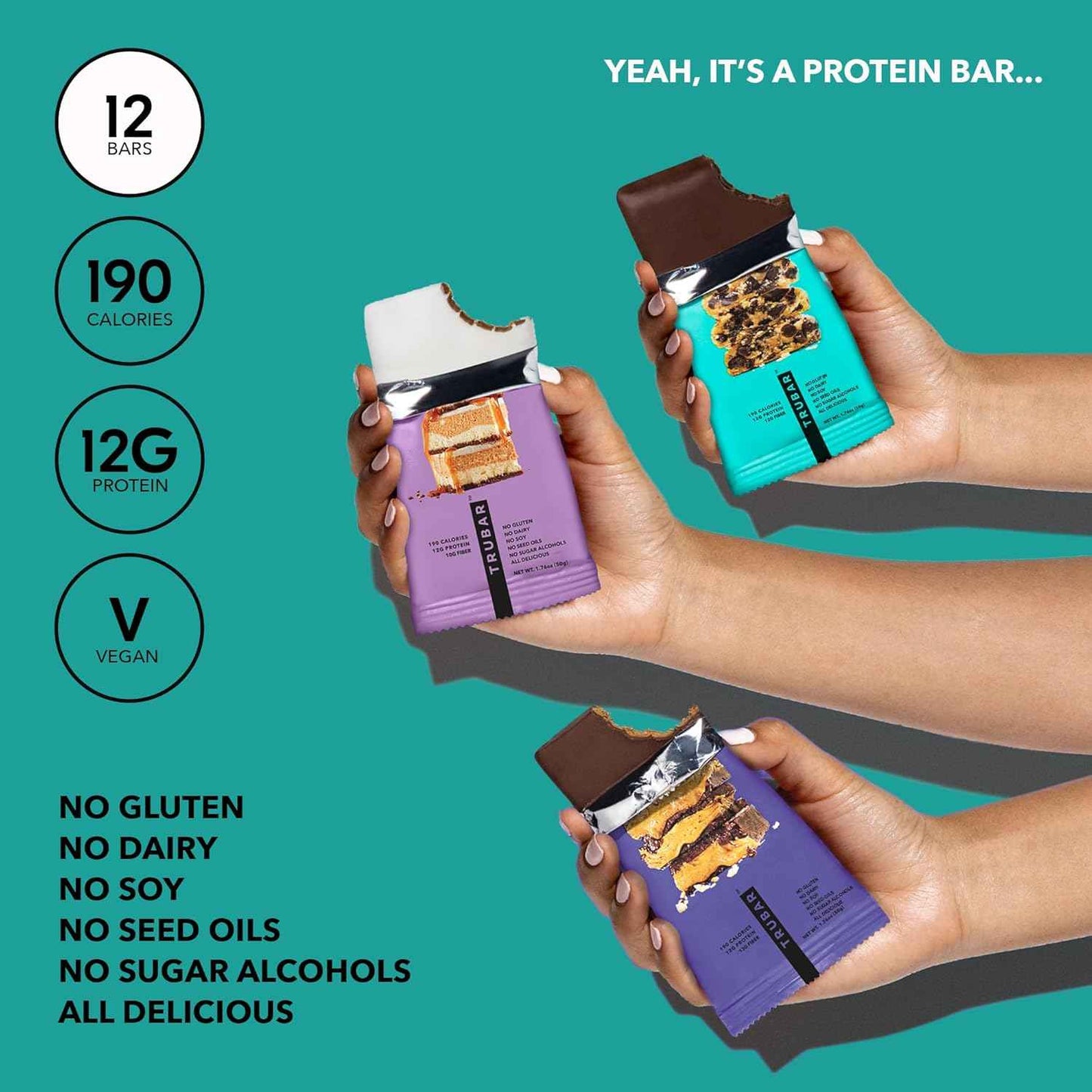 TRUBAR Vegan Protein Bar, Assorted Flavors, Gluten Free, Vegan Protein Snacks, 12G Plant-Based Protein, High Fiber, Healthy Protein Bars