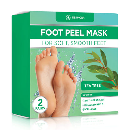 DERMORA Foot Peel Mask | Skin Exfoliating Foot Masks for Dry, Cracked Feet &amp;amp; Callus Removal | Dead Skin Exfoliator for Baby Soft Feet | Pack of 2 | Regular (Fits up to Men 10 / Women 11) | Tea Tree