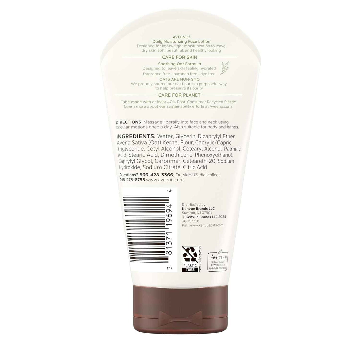 Aveeno Daily Moisturizing Face Lotion with Soothing Prebiotic Oat, Lightweight Non-Greasy Facial Moisturizer for Normal to Dry, Sensitive Skin, 24-Hour Moisture, Fragrance-Free