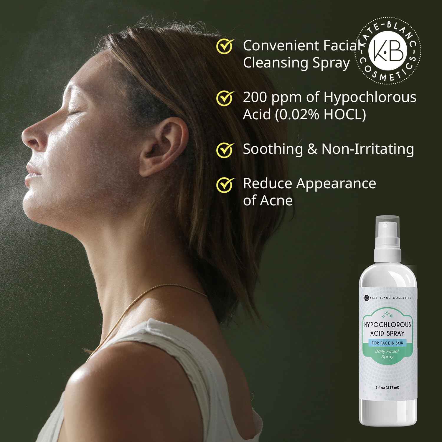 Kate Blanc Cosmetics Hypochlorous Acid Spray for Face and Skin. Gentle Facial Cleanser for Acne-Prone & Sensitive Skin with .02% HOCl