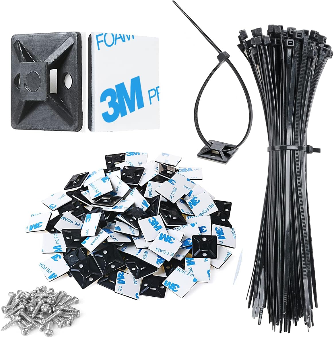 XHF_3/4"_Strong_Back-Glue_Self_Adhesive_Black_Cable_Zip_Tie_Mounts_100pcs_with_8"_Zip_Ties,_Screws,_UV_Protection_Outdoor_Sticky_Wire_Fasteners_Cable_Clips_Management_Anchors_Organizer_Holders_Squares