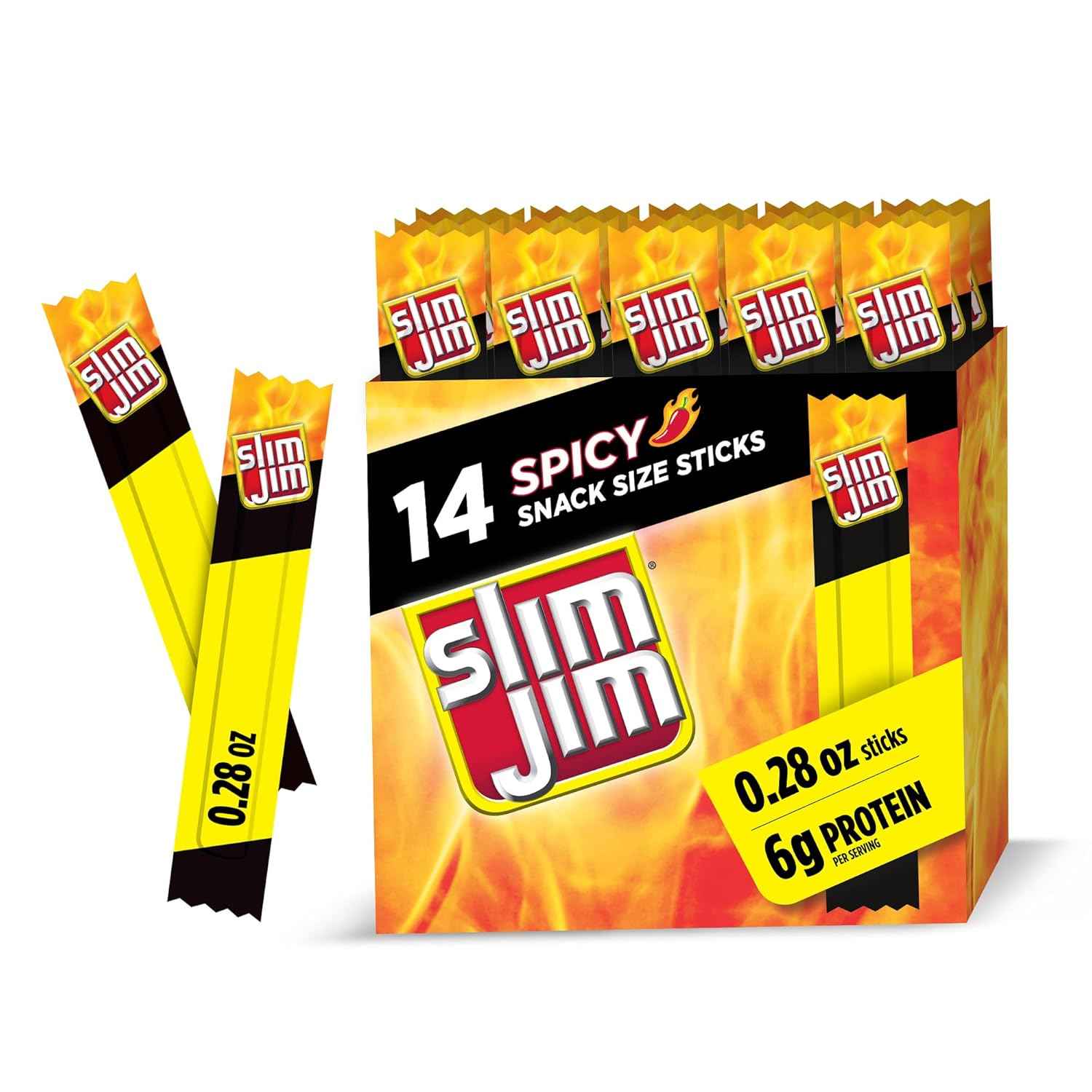 Slim Jim Smoked Meat Sticks, Spicy Flavor, 6g Protein Per Serving, Snack Size, Father's Day Snack Gift for Dad, 0.28 oz. (14 Count)