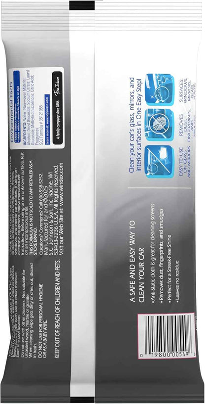 Windex Auto Wipes for Car Windows, Mirrors and Screens, Pre-Moistened Car Cleaner Wipes for Quick Streak-Free Shine, Guaranteed Safe for Tinted Windows and Electronics, 25 count (Pack of 1)