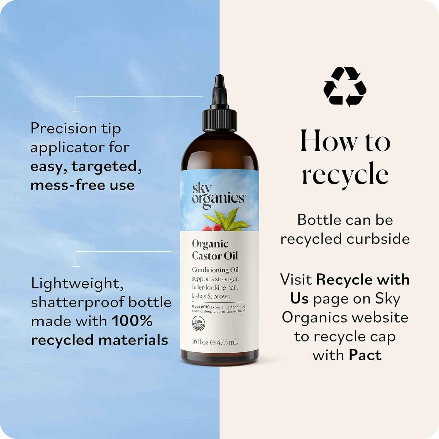 Sky Organics Castor Oil - USDA Certified Organic Hair Oil for Hair Growth, Skin, Face, Eyelashes - Cold Pressed & Hexane Free - Pure Organic Castor Oil Pack Wrap - Carrier & Hair Treatment Oil