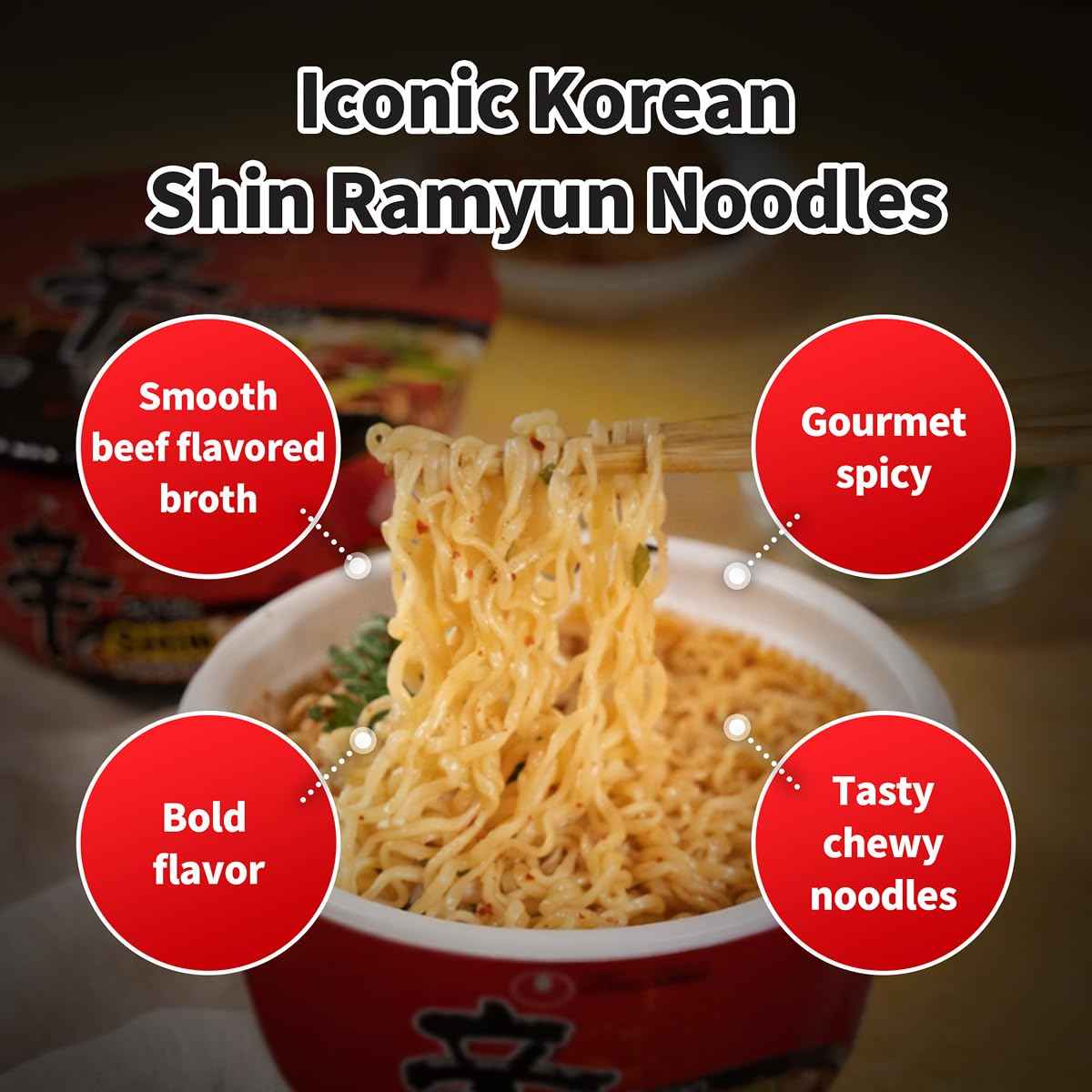 Nongshim Shin Ramyun Bowl Noodles, Spicy Korean Signature Instant Ramyun, Rich Beef Flavored Broth, Quick and Easy, Microwaveable Bowl