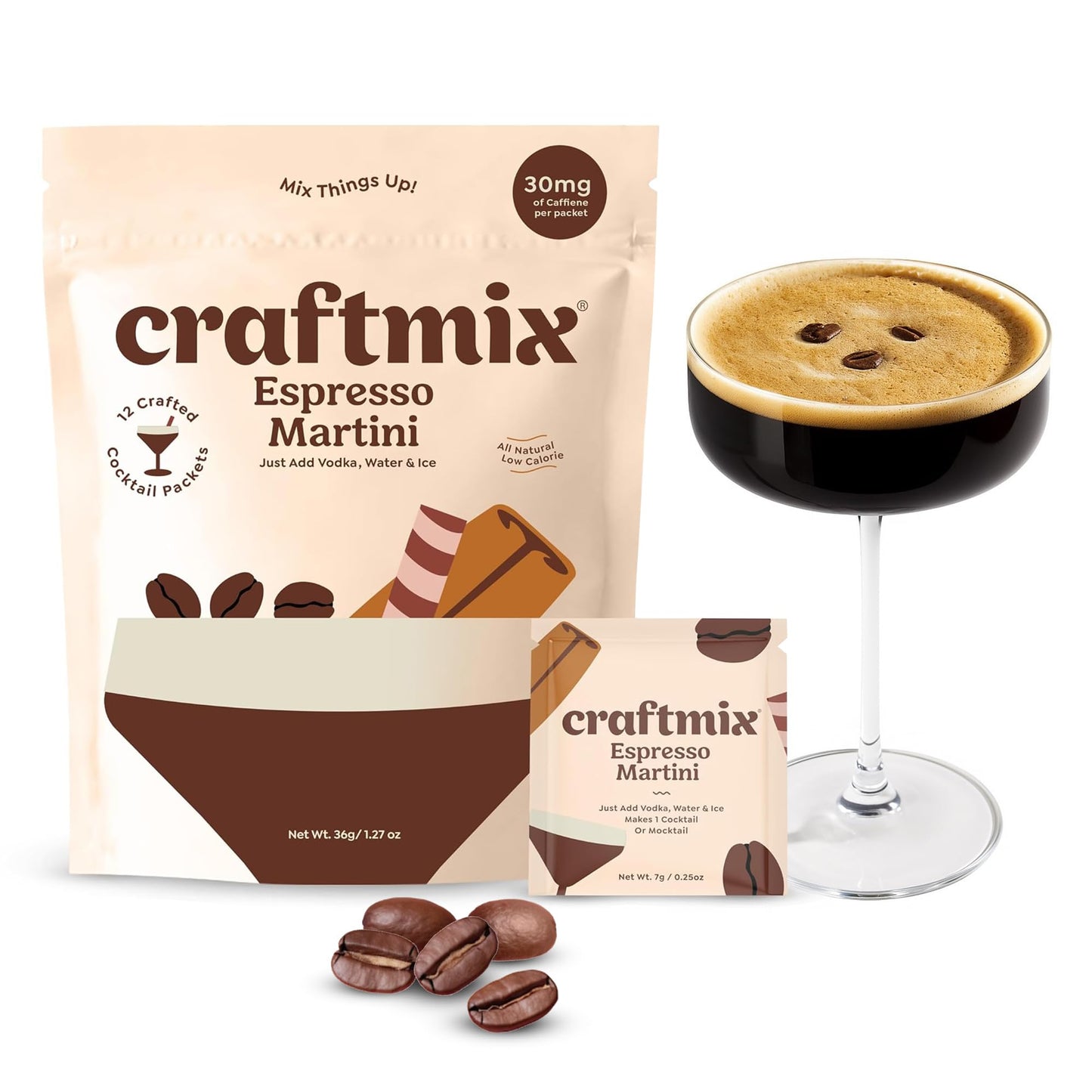 Craftmix Espresso Martini Cocktail &amp;amp; Mocktail Drink Mixer, Skinny Mixes - Water Flavoring Packets - Made With Real Coffee Beans - Vegan, Low-Carb, Low-Sugar, Non-GMO, Dairy Free, Gluten Free, 12 Pack