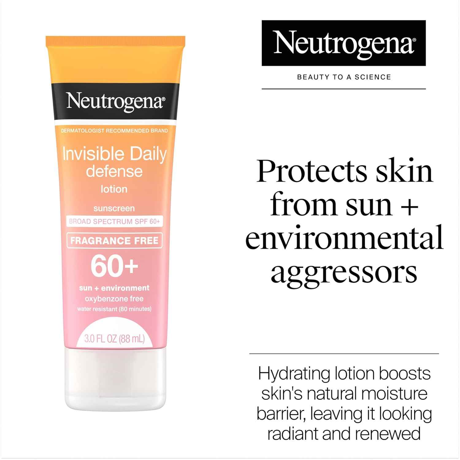 Neutrogena Invisible Daily Defense Fragrance-Free Sunscreen Lotion, Broad Spectrum SPF 60+, Oxybenzone-Free & Water-Resistant, Sun & Environmental Aggressor Protection, 3.0 fl. oz