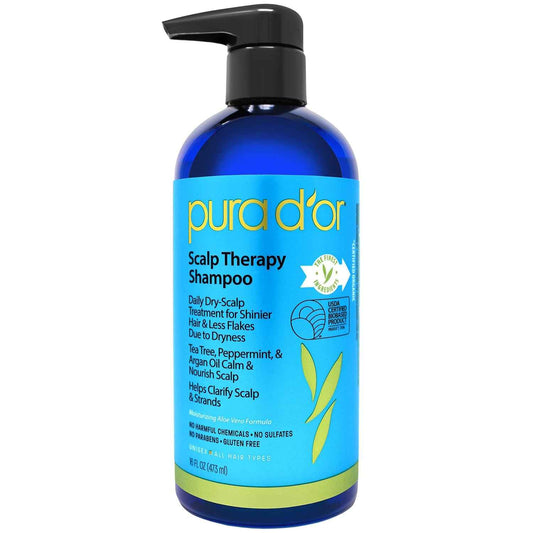 PURA D'OR Scalp Therapy Shampoo Hydrates & Nourishes Scalp - Scalp Shampoo For Itchy Flaky Scalp w/Tea Tree, Peppermint, Patchouli, Cedarwood, Clary Sage, Argan Oil, Tea Tree Peppermint Scent 16 Oz