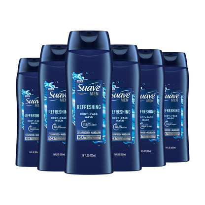 Suave Men Moisturizing Body &amp;amp; Face Wash, With Cedarwood and Mandarin Scent, No Parabens, No Phtahaltes, 18 Oz Pack of 6