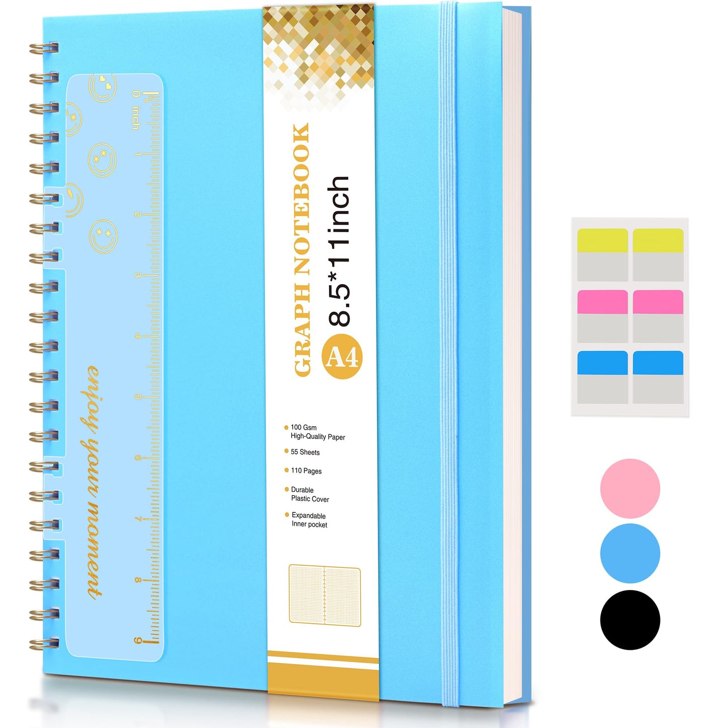 Graph Paper Notebook, Spiral Notebook Journal 8.5” x 11”, A4 Large Grid Notebooks for Women Men, 100 GSM Graph Paper, Plastic Hardcover Spiral Graphing Journals for Work School Engineerin, Blue