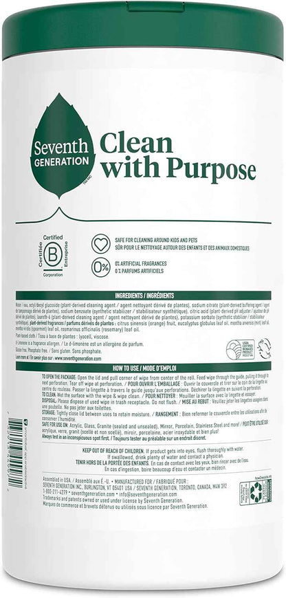 Seventh Generation Multi-Surface Wipes, Plant-Based Cleaning Wipes, No Harsh Fumes or Residue, Safe Around Kids