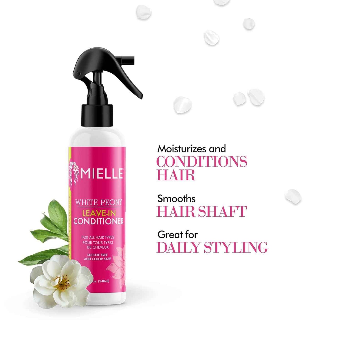 Mielle Organics White Peony Leave-In Conditioner Spray - Ultra-Moisturizing Detangler for Curly & Natural Hair - Frizz Control & Moisture Seal - Color-Safe & Sulfate-Free, 8 Fl Oz