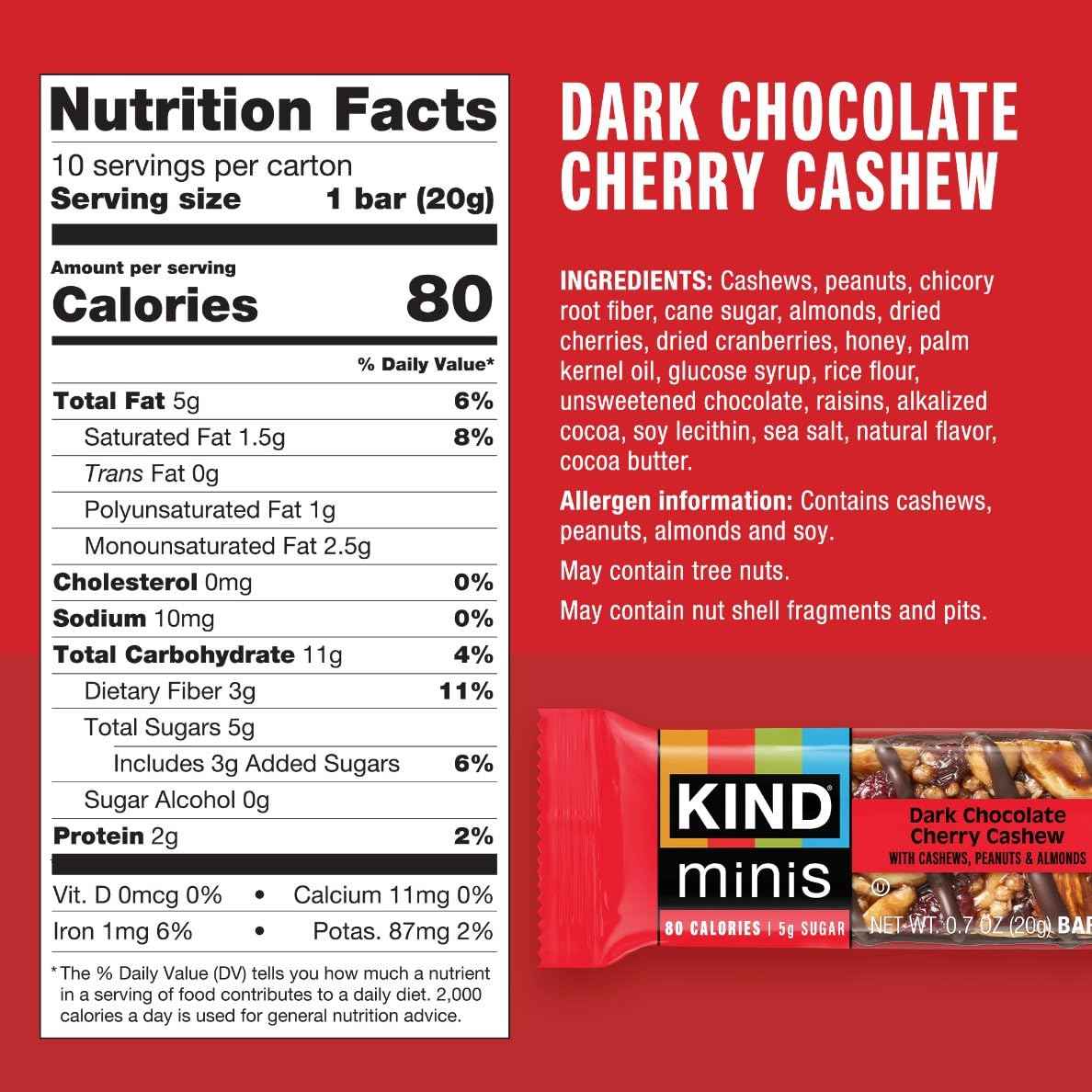 KIND Mini Snack Bars Variety Pack, Gluten Free, Low Sugar, Low Calorie Snacks, Dark Chocolate Nuts & Sea Salt, Caramel Almond & Sea Salt, Dark Chocolate Cherry Cashew, 80 Count