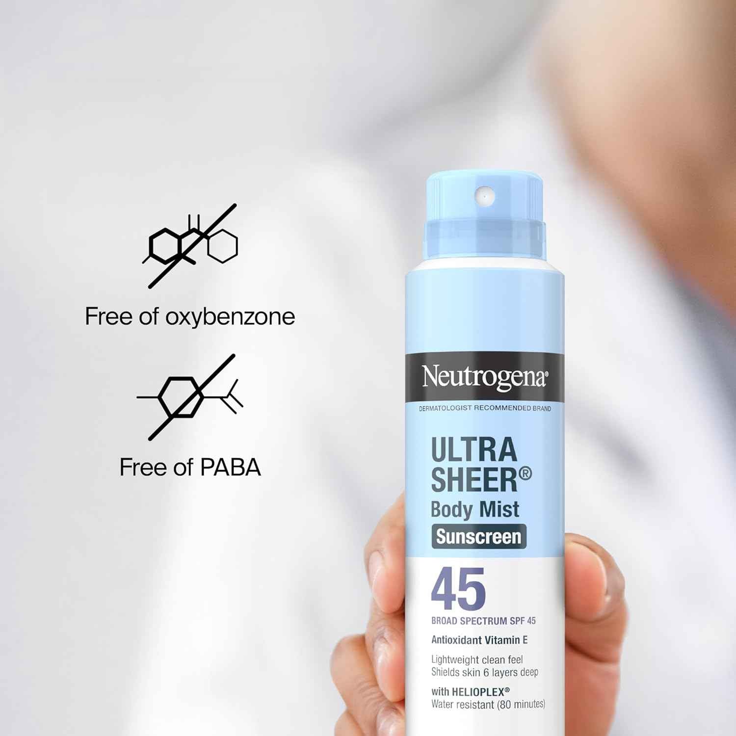 Neutrogena Ultra Sheer Sunscreen Spray SPF 45 Body Mist, Lightweight Non-Greasy Broad Spectrum UVA/UVB Protection, Oil-Free & Non-Comedogenic Water Resistant Spray Sunscreen (80 min), Pack of 3, 5 oz