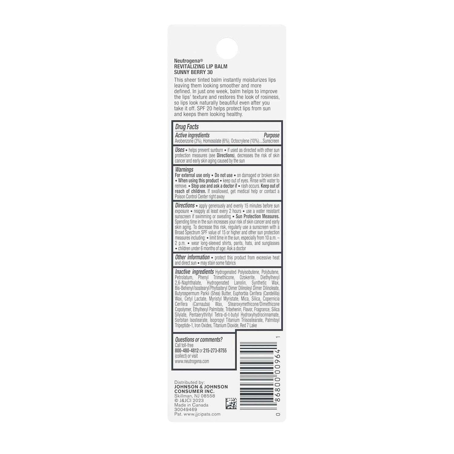 Neutrogena Revitalizing Tinted Lip Balm Broad Spectrum SPF 20 Sunscreen, Moisturizing Lip Balm with a Sheer Tint for Softer, Smoother, Healthier-Looking Lips, Sheer Sunny Berry 30, .15 oz