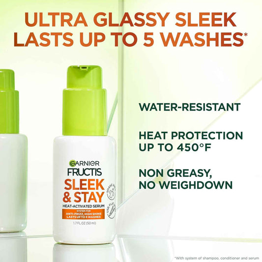 Garnier Fructis Sleek and Shine Sleek and Stay Hair Serum for Frizzy, Dry Hair, Heat Protectant Formulated with Alpha Silane, 1.7 Fl Oz(Packaging May Vary)