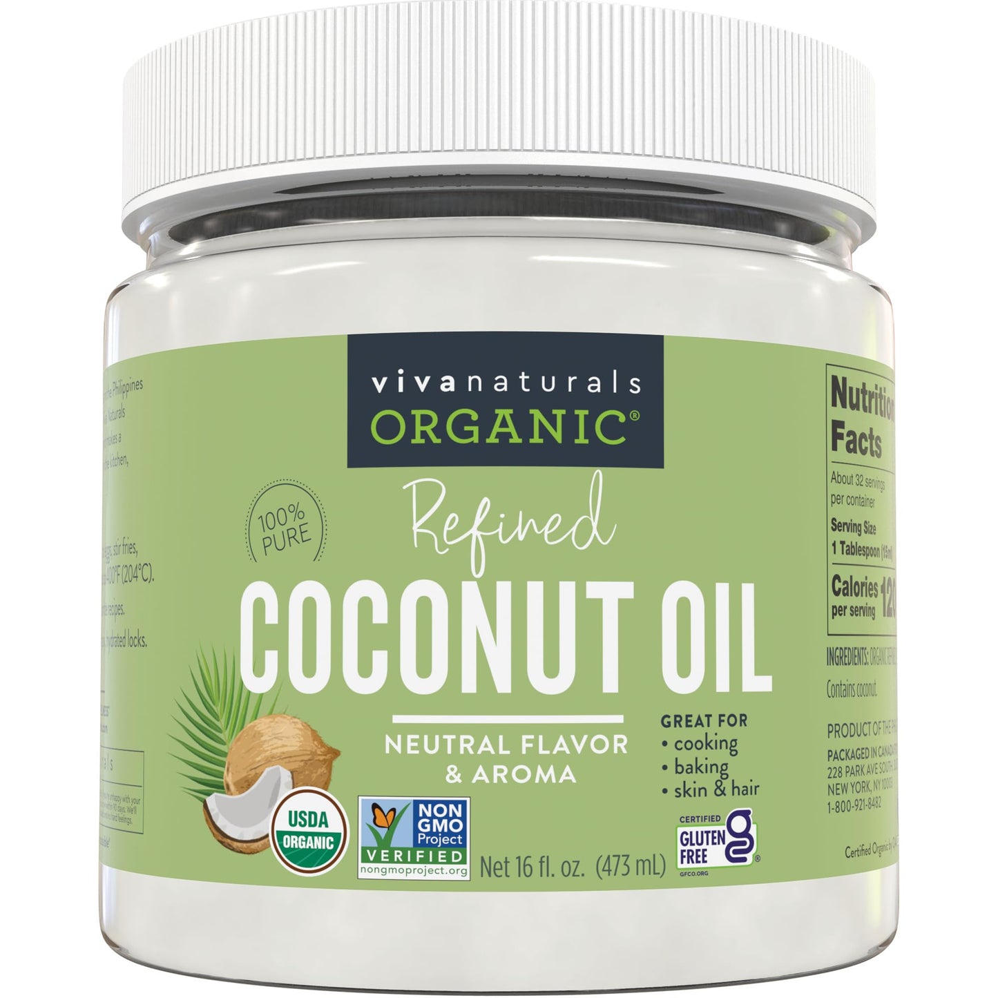 Viva Naturals Refined Coconut Oil, 16 fl oz – Expeller-Pressed, USDA Organic, Neutral Flavor &amp;amp; Aroma, Ideal for Cooking, Baking, Hair &amp;amp; Skin Moisturizer