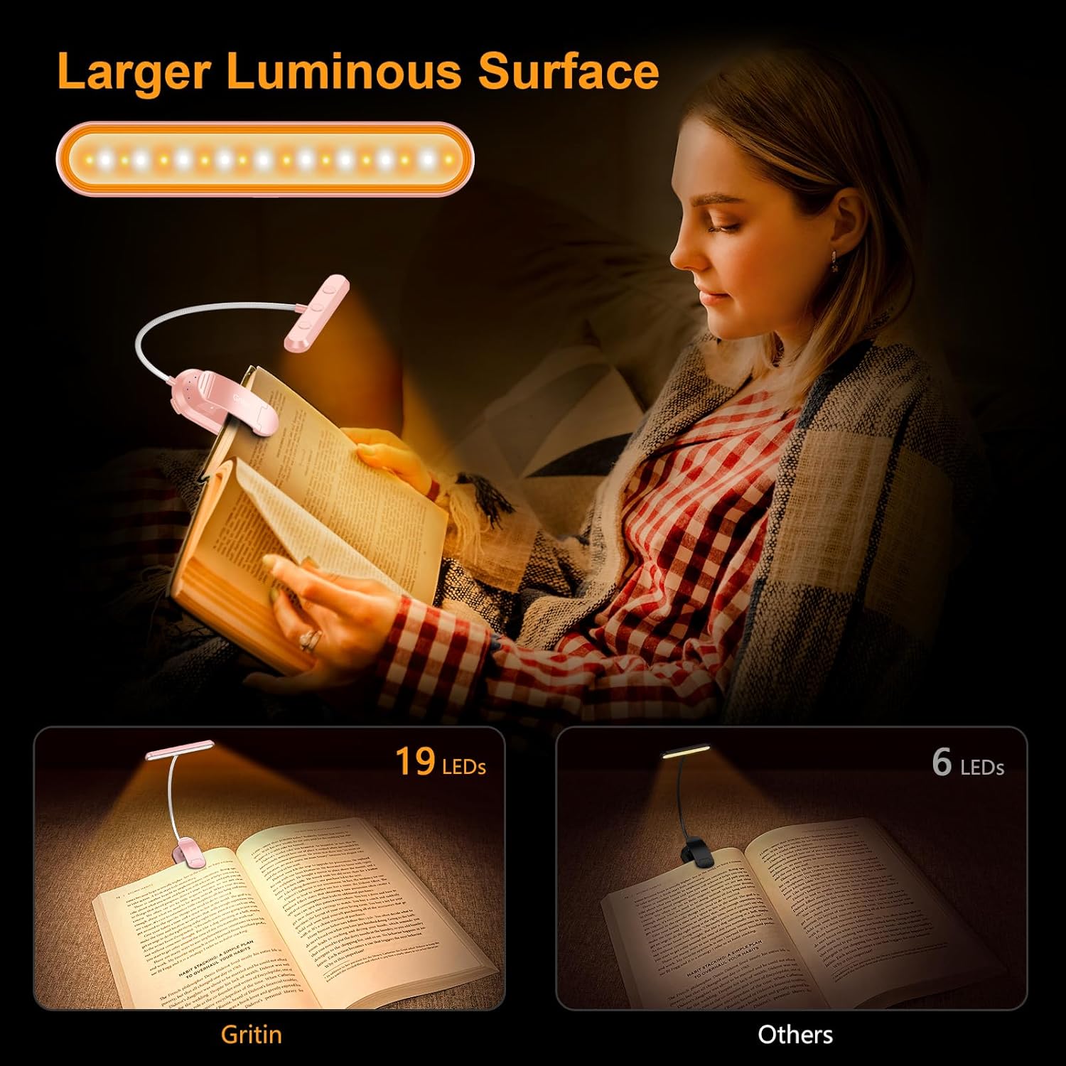 Gritin_Rechargeable_Book_Light_for_Reading_in_Bed_with_19_LED_&Memory_Function-Eye_Caring_3_Color_Temperatures,5_Brightness_Levels,80_Hrs_Runtime_Flexible_Goose_Neck_Clip_on_Light-Pink