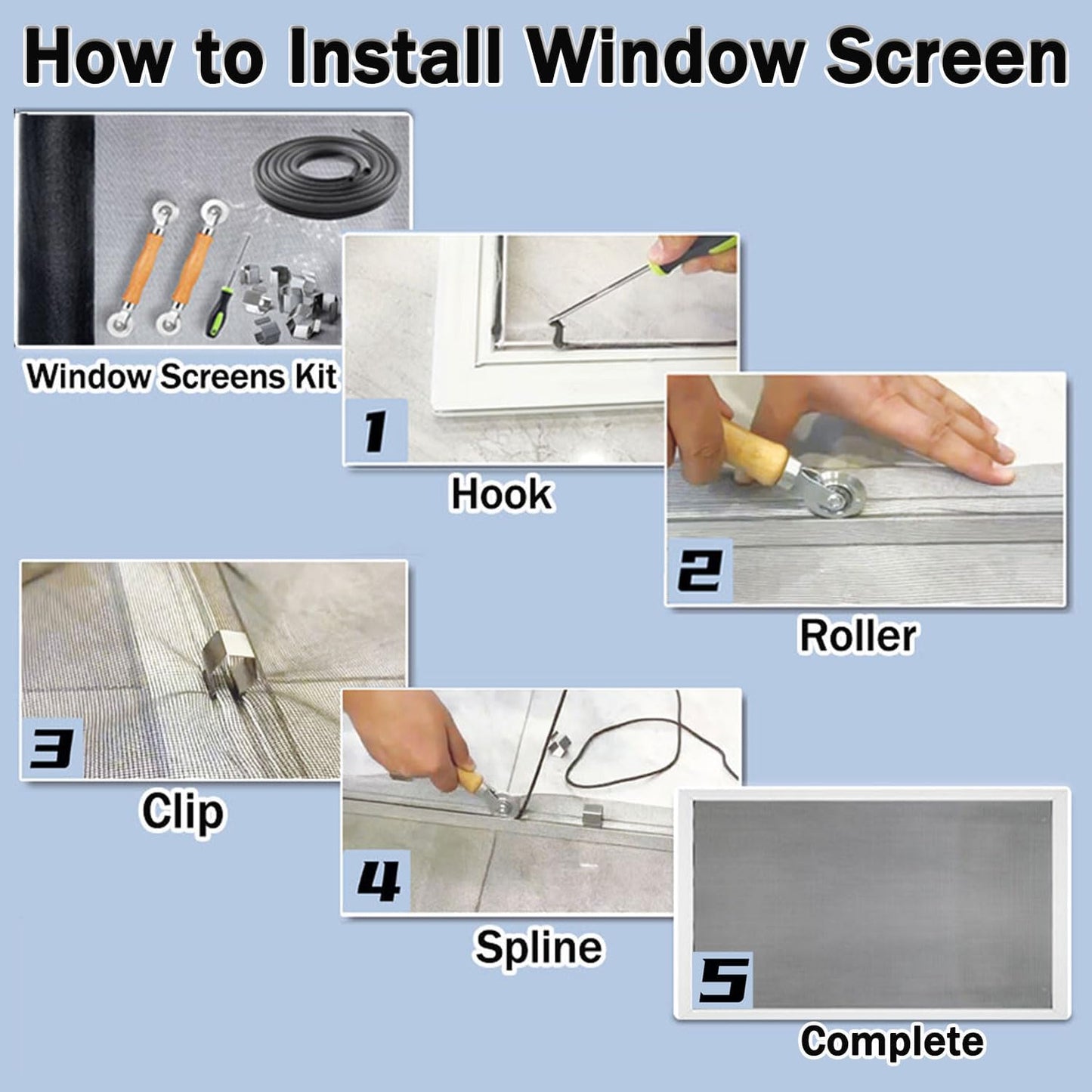 King&Charles_Window_Screen_Door_Repair/Replacement_Kit,_Include_Black_Screen_Mesh_48"x118"+_2_Roller+50Ft_Spline+8Clips+Hook,_6_in_1_Window_Mesh_Kit,_Steel/Nylon_Bearing_Roller