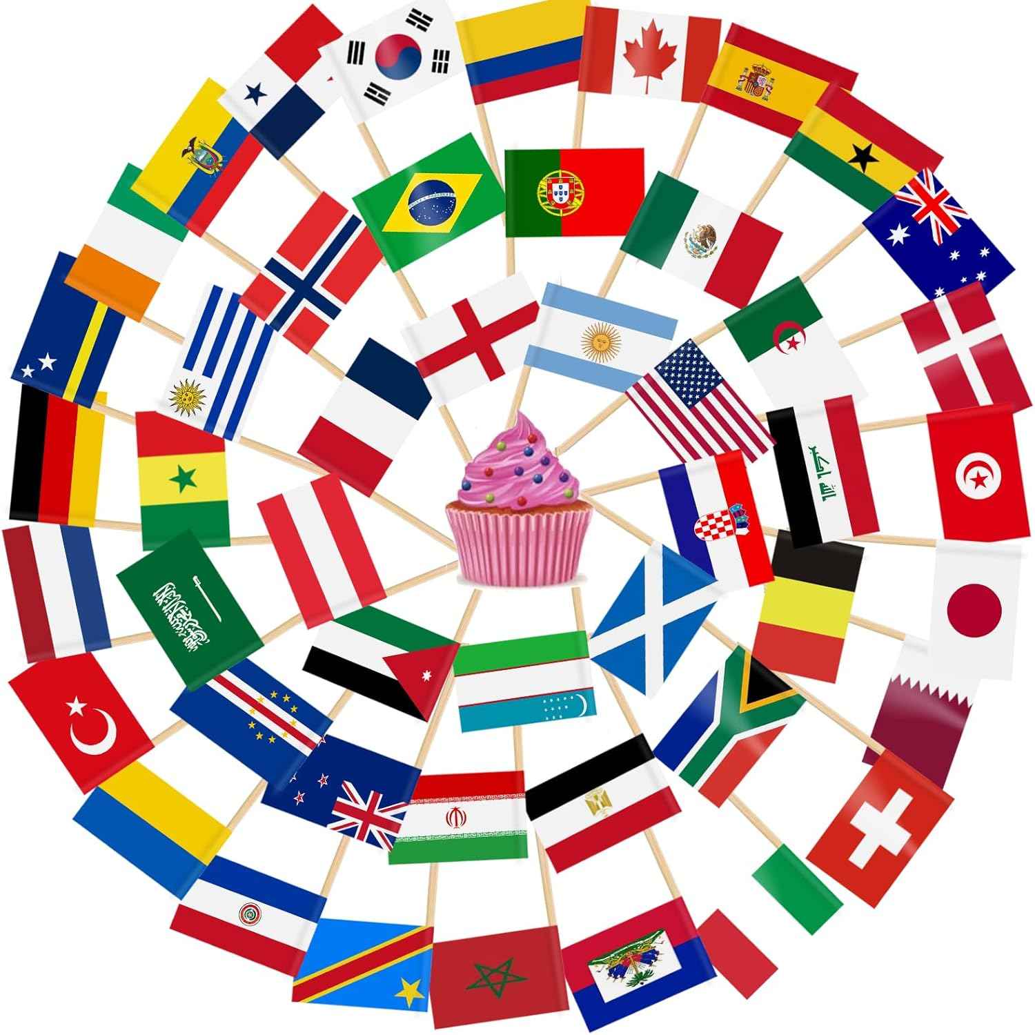 AhfuLife 48 Countries World Flag Toothpick Cake Toppers for World Soccer Decorations, 100pcs Cocktail Stick Flags for World cup Cupcake Toppers Bar Party Supplies