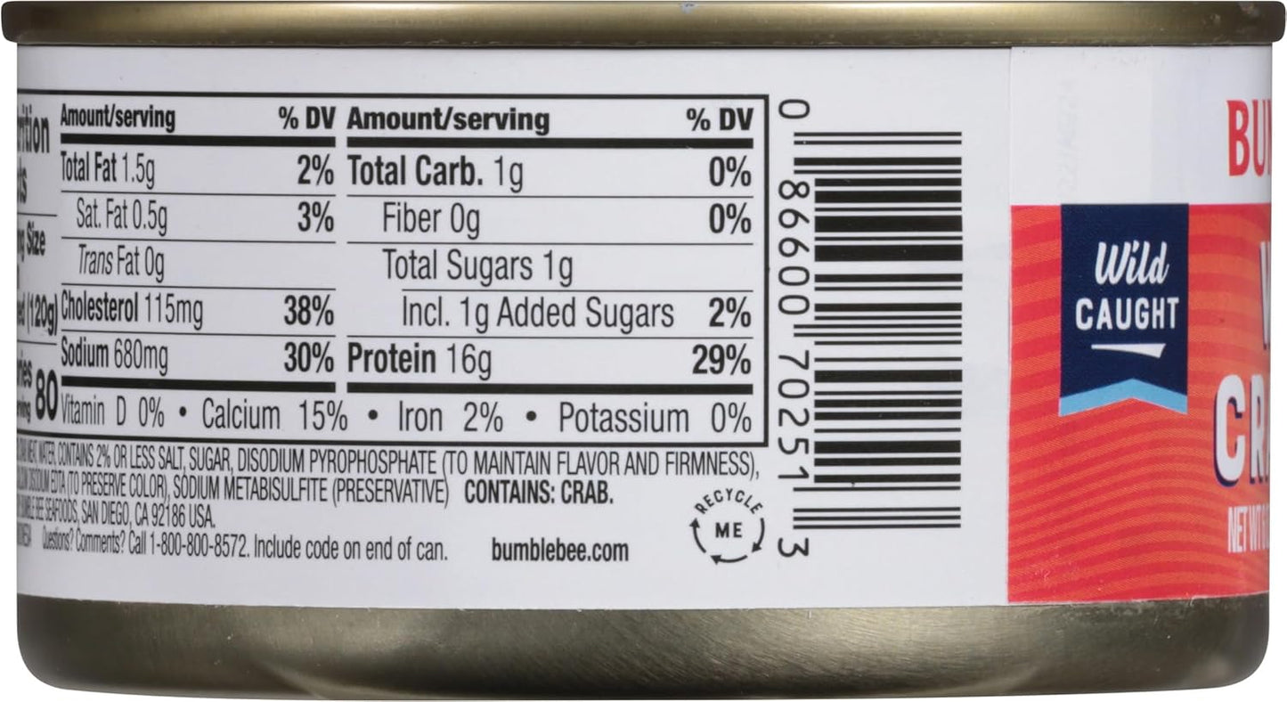 Bumble_Bee_White_Flake_Crab_Meat_in_Water,_6_oz_Can_-_16g_Protein_&_1g_Carb_Per_Serving_-_Wild_Caught,_Flaky,_Drain_Before_Use,_6_Ounce_(Pack_of_1)