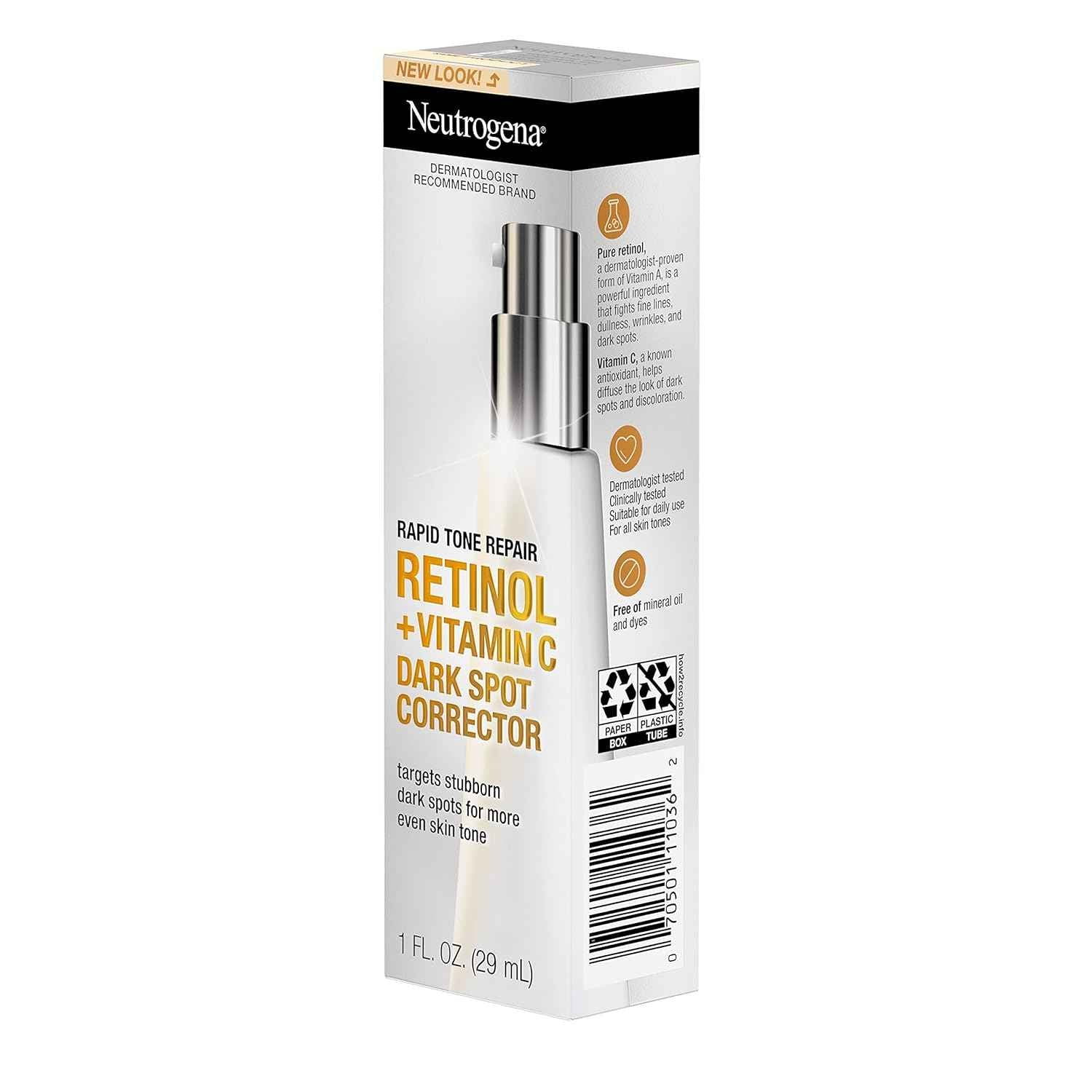 Neutrogena Rapid Tone Repair Retinol + Vitamin C Dark Spot Corrector Face Serum, Daily Anti-Wrinkle Dark Spot Corrector to Brighten & Even Tone, Mineral-Oil & Dye-Free, White, 1 oz