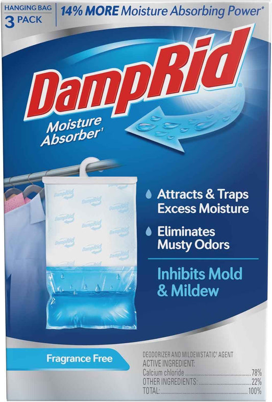 DampRid Hanging Moisture Absorber, 16 oz., 3 Pack - Eliminates Musty Odors for Fresher Air, Ideal Moisture Absorbers for Closet, 14% More Moisture Absorbing Power*