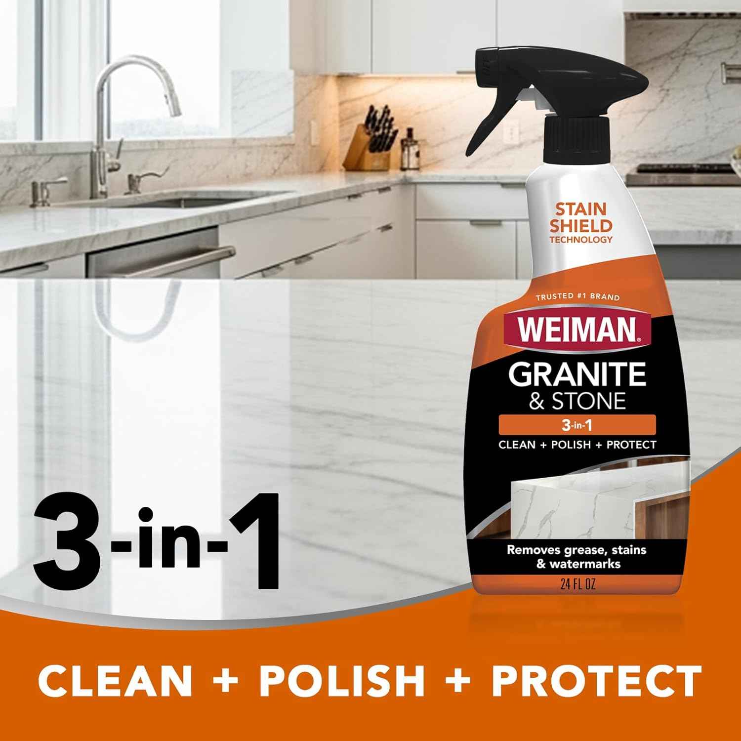 Weiman Granite and Stone Cleaner 3-in-1, Removes Grease, Stains & Watermarks, Streak-Free Formula with Stain Shield Technology, Safe on Marble, Quartz, Tile, Granite, Quartzite & Slate