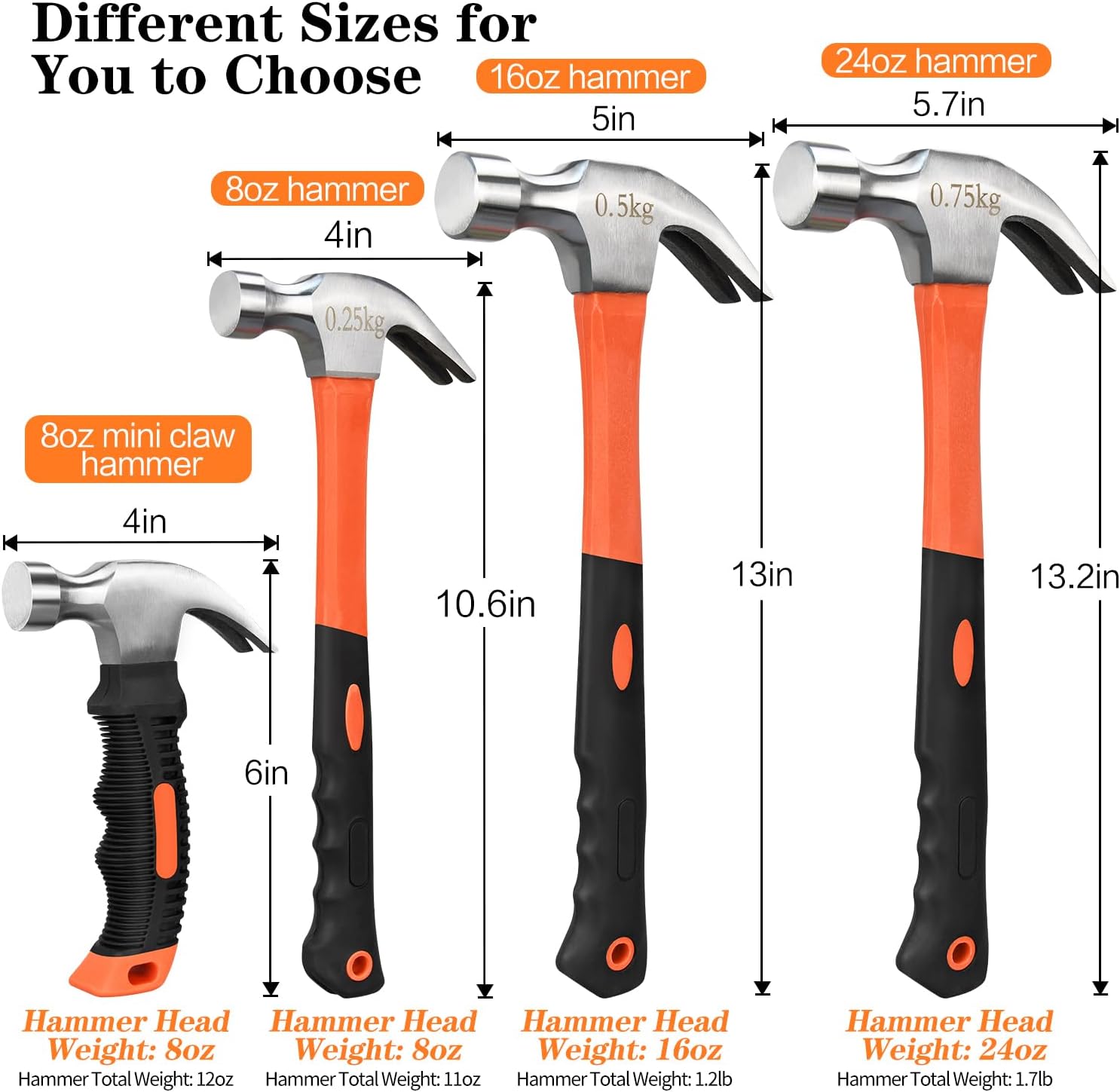 8/16/24oz_Straight_Rip_Fiberglass_General_Purpose_Claw_Hammer,_with_Smooth_Face_&_Non-slip_Grip