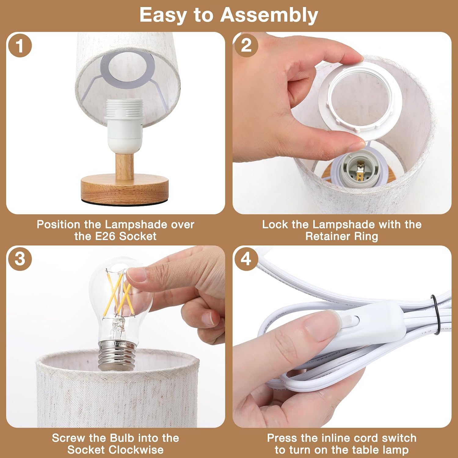 Fenmzee_Small_Table_Lamp_for_Bedroom_-_Inline_Control,_Bedside_Lamp_with_3000K_A15_LED_Blub,_Easy_Assembly_(Cream_Shade_-_Wood_Base,_9"_Inline_Control)
