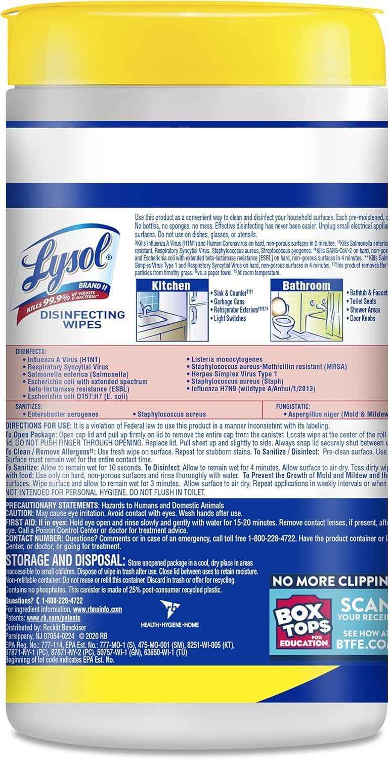 Lysol Disinfectant Wipes Multi-Surface Antibacterial Cleaning Wipes, Dorm Room Essentials For Disinfecting and Cleaning Lemon and Lime Blossom 80 Count (Pack of 2)