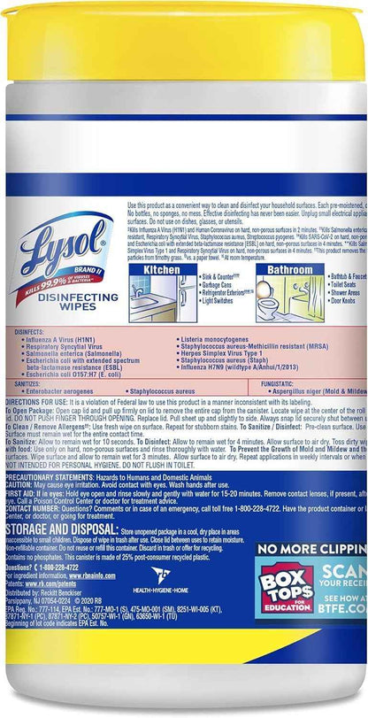 Lysol Disinfectant Wipes Multi-Surface Antibacterial Cleaning Wipes, Dorm Room Essentials For Disinfecting and Cleaning Lemon and Lime Blossom 80 Count (Pack of 2)