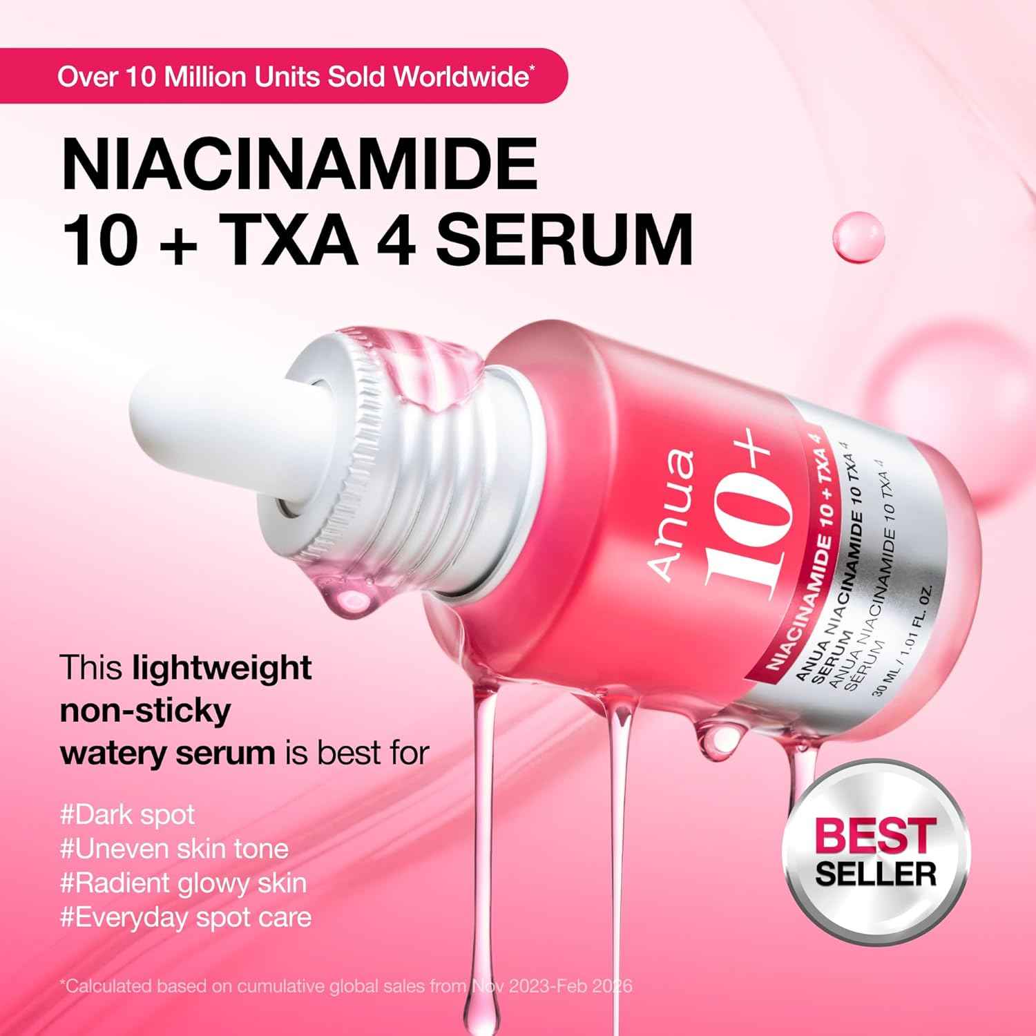 Anua Niacinamide 10 + TXA 4 Serum, Dark Spot Care, Hyaluronic Acid, Tranexamic Acid, Lightweight & Hydrating All-in-One Daily Facial Serum for Glass Skin, Korean Skincare, 1.01 fl.oz