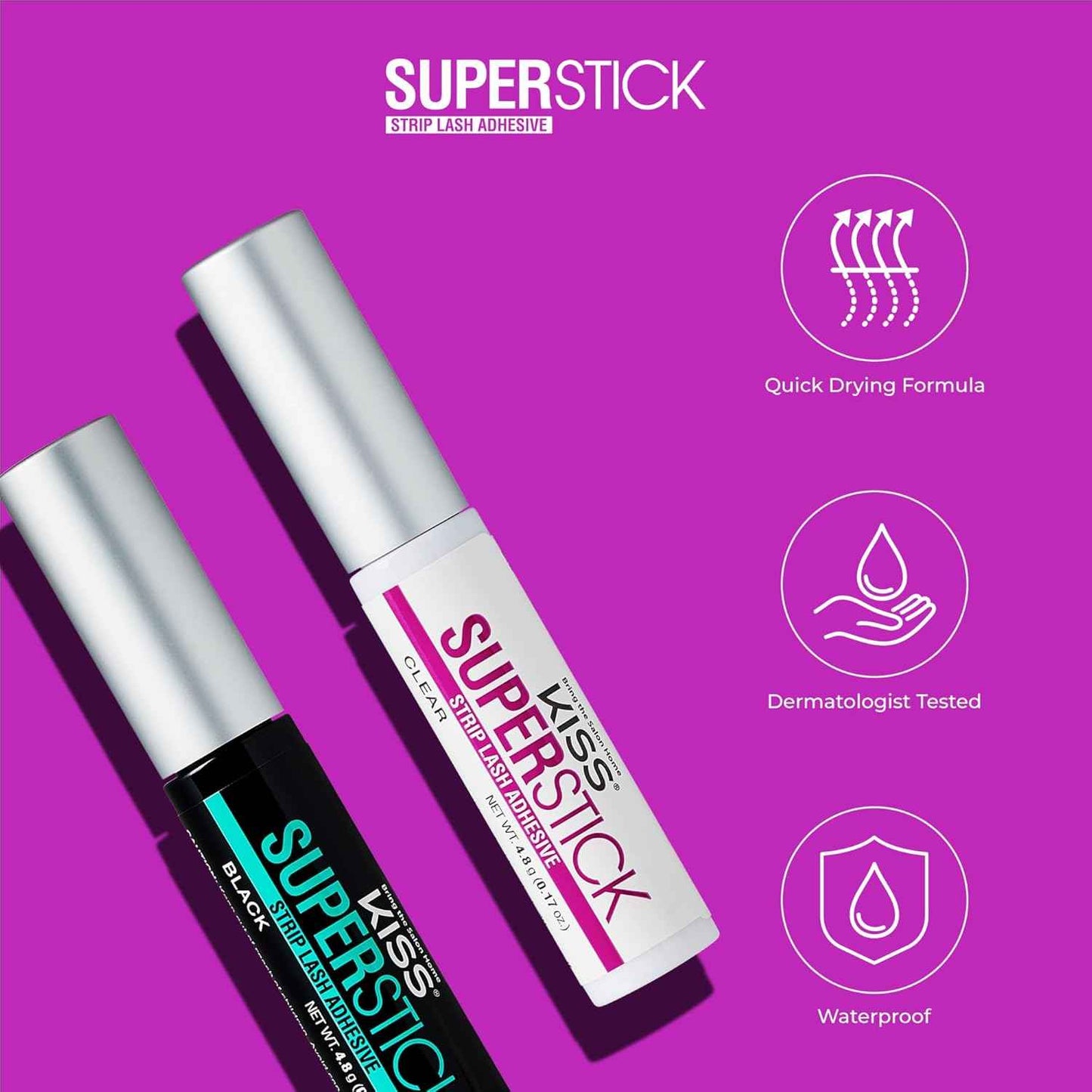 KISS SuperStick 5-Day Extended Wear Strip Lash Adhesive, Quick Drying Lash Glue, Witch Hazel & Cactus Extract Infused, Brush Applicator, Net Wt. 4.8g (0.17 oz.)