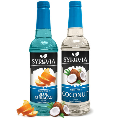 Syruvia Sugar-Free Fruit Flavors Variety Pack Blue Curacao &amp;amp; Coconut Syrup - 0 Calorie - for Tea, Italian Sodas, Beverages, Desserts, Ice Cream, Cocktails &amp;amp; Mocktails, Kosher, 25.4 fl oz. (2-Pack)